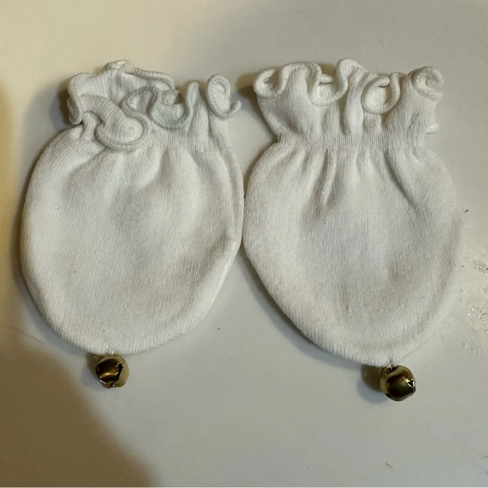 BABY SCRATCH MITTENS BELLS NEWBORN INFANT HOLLY APPLIQUÉ CHRISTMAS BLU YELO WTE